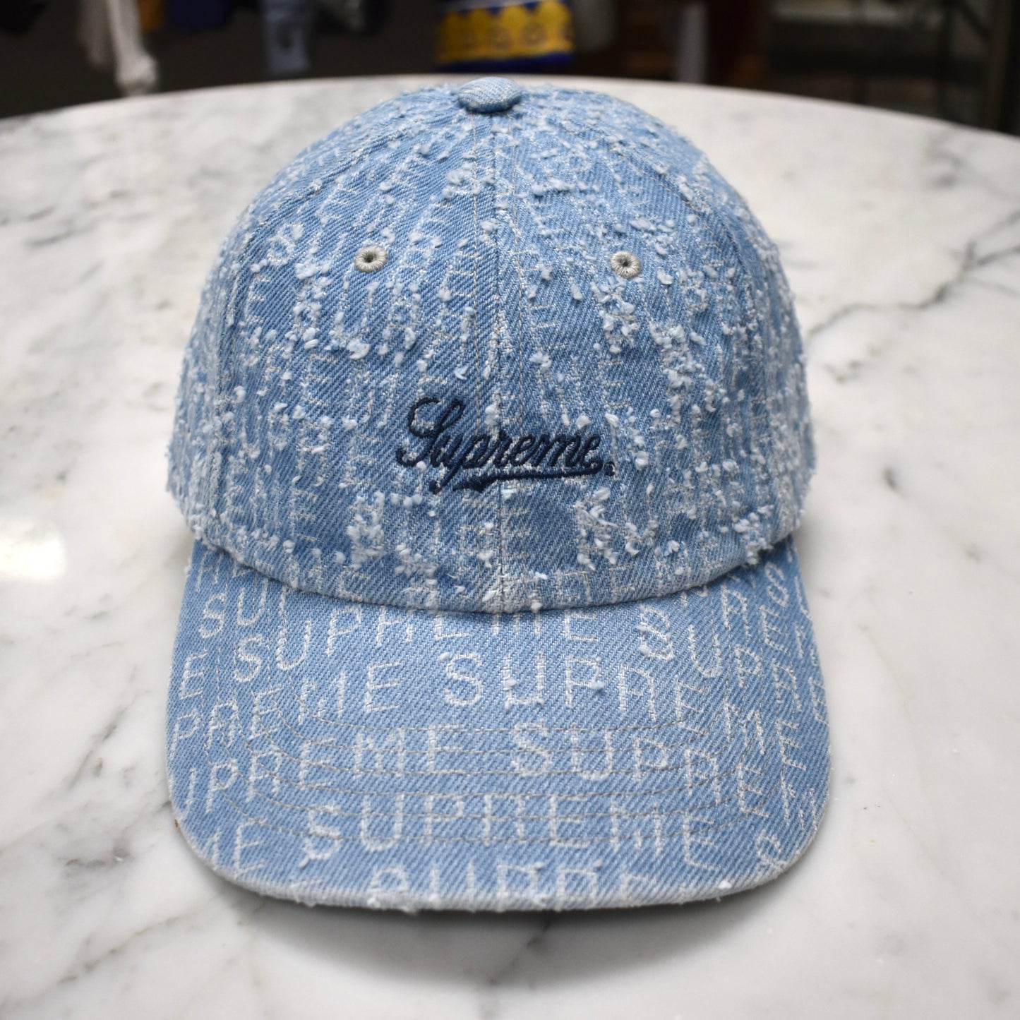 Supreme - Needle Punch Denim Logo 6-Panel Hat (Blue)