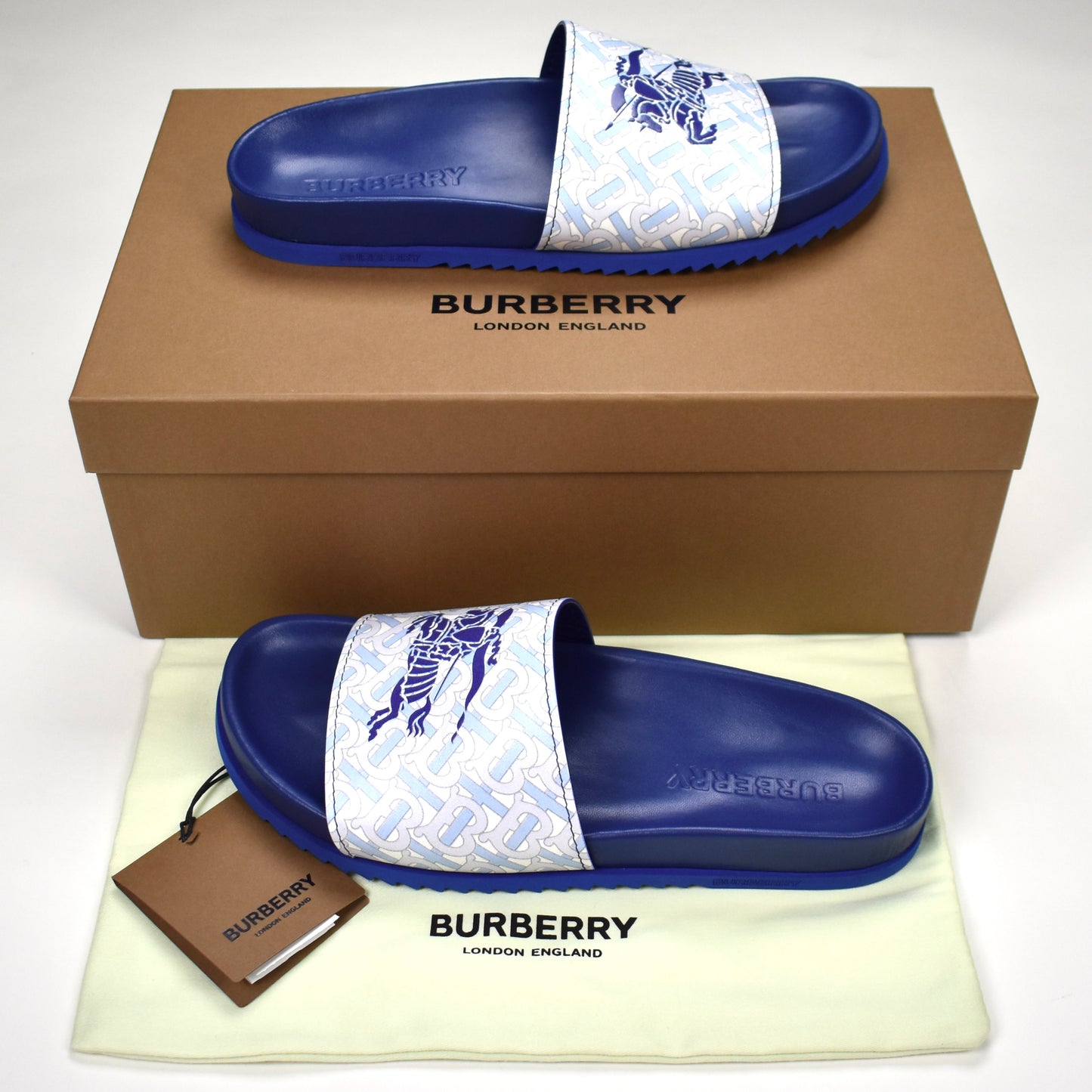 Burberry - Blue Leather TB Monogram Logo Melroy Slides