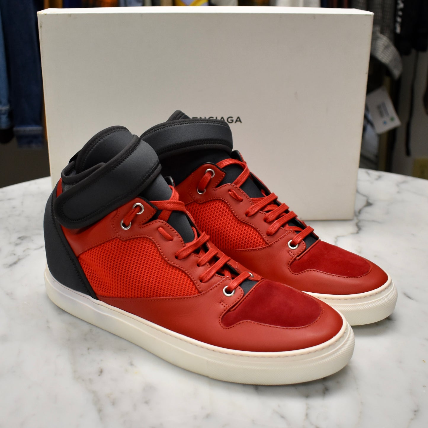 Balenciaga - Red / Navy Multi Material Mid Top Sneakers