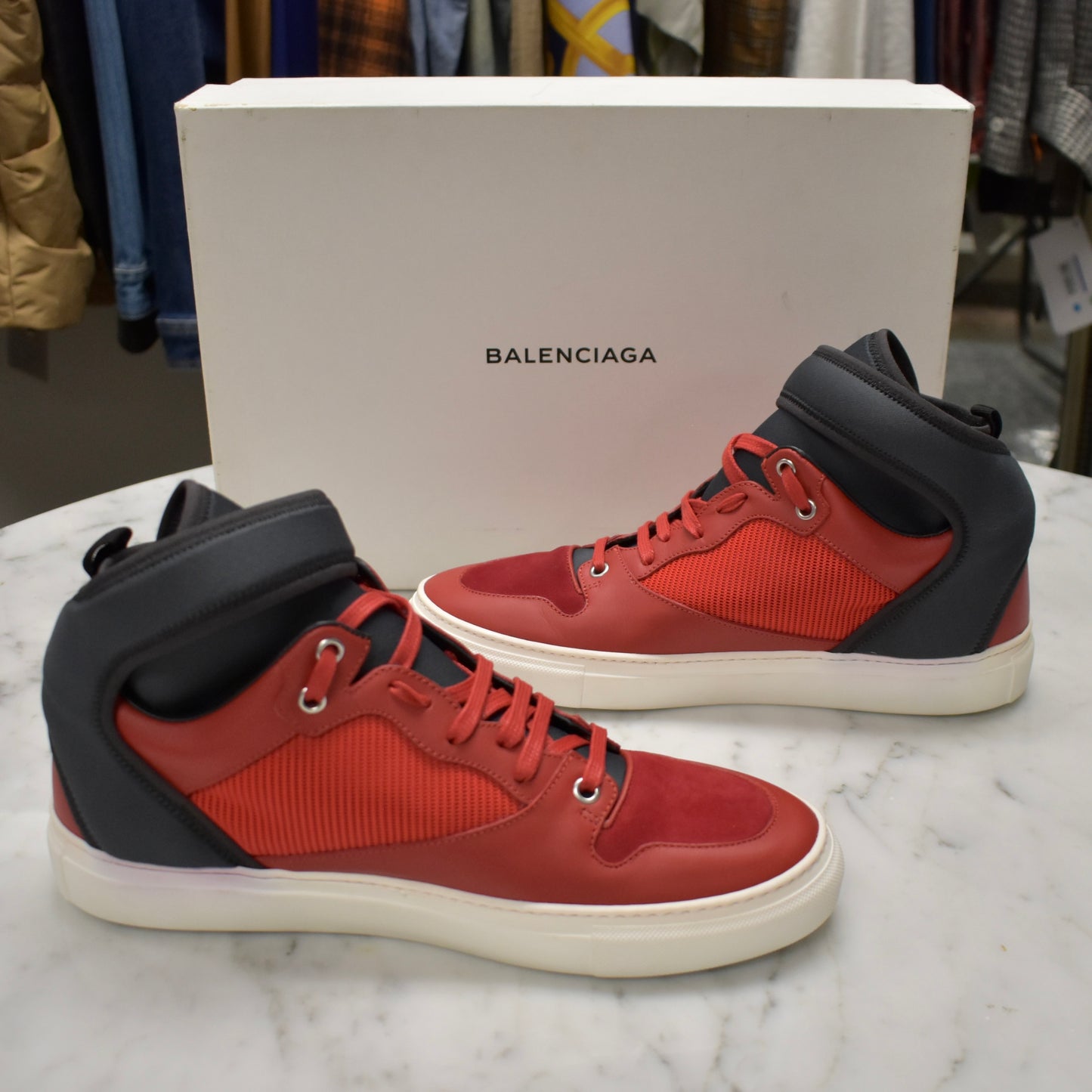 Balenciaga - Red / Navy Multi Material Mid Top Sneakers