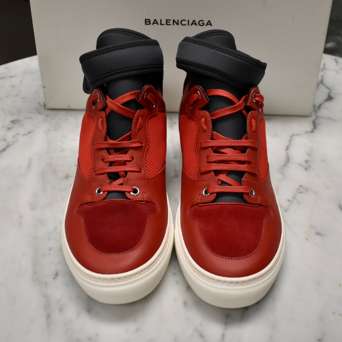 Balenciaga - Red / Navy Multi Material Mid Top Sneakers