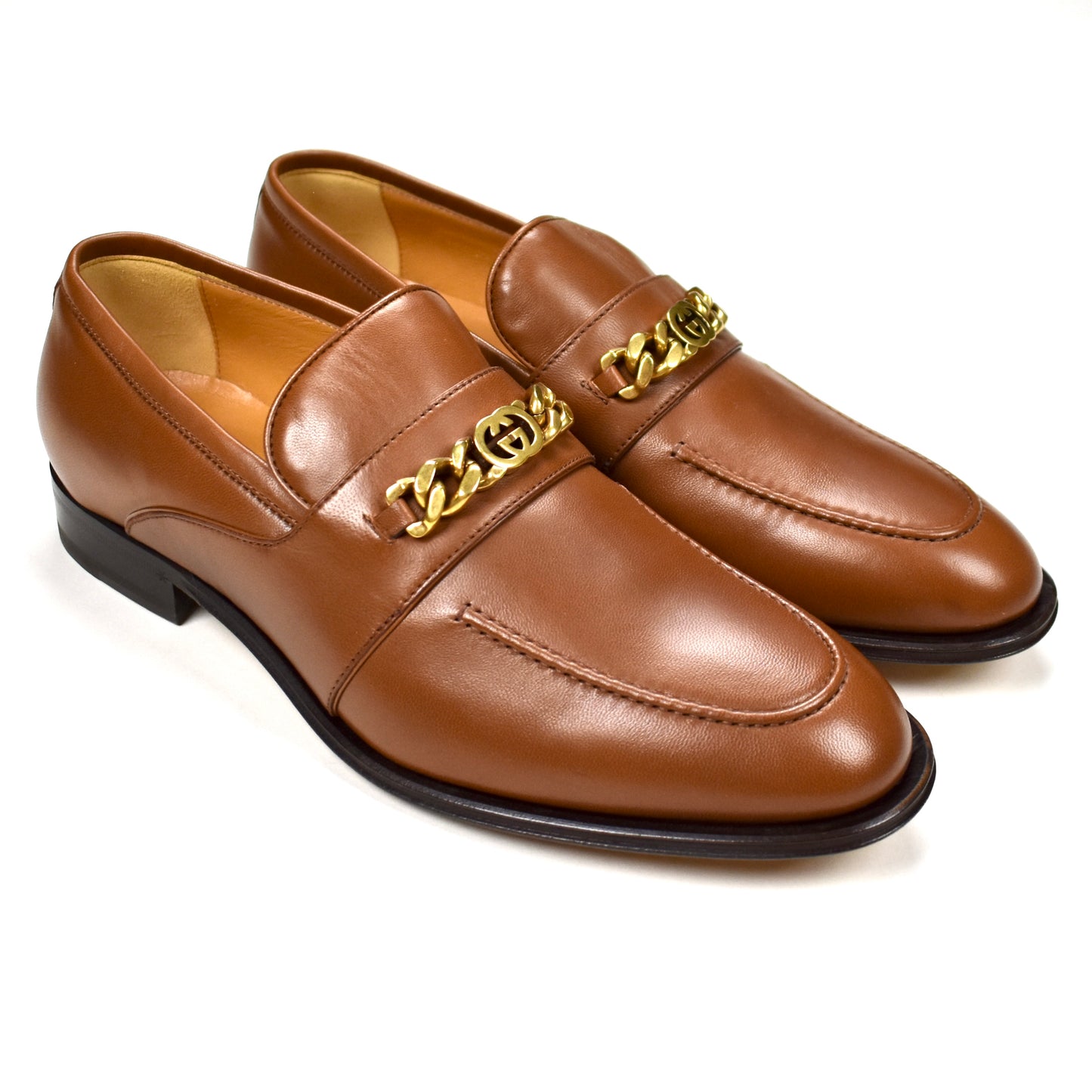 Gucci - Brown Leather GG Chain Logo Loafers