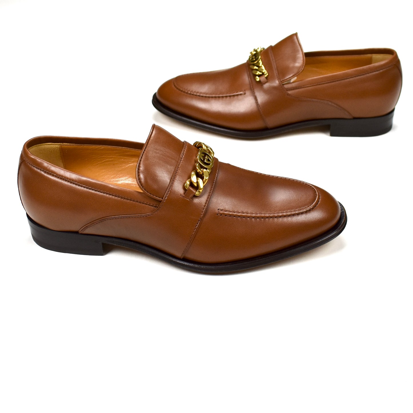 Gucci - Brown Leather GG Chain Logo Loafers