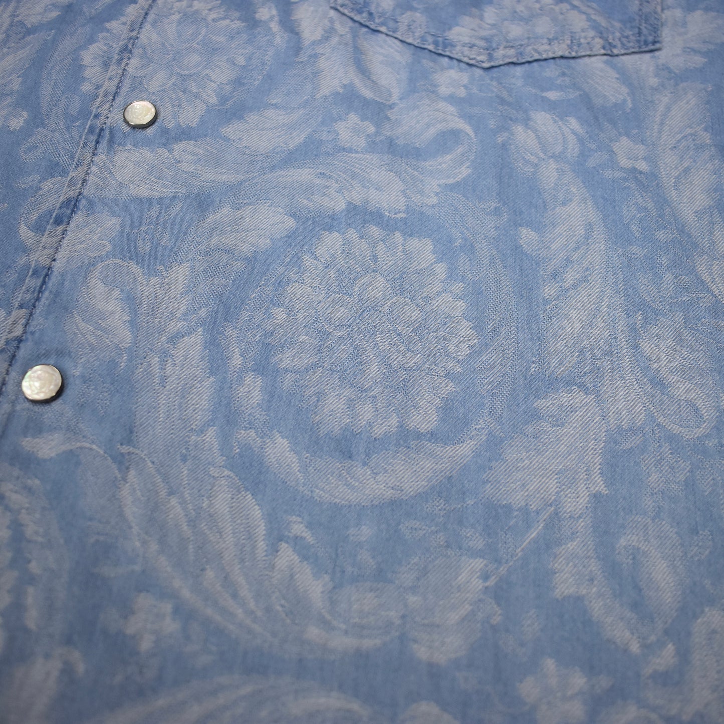 Versace - Denim Chambray Baroque Woven Snap Button Shirt