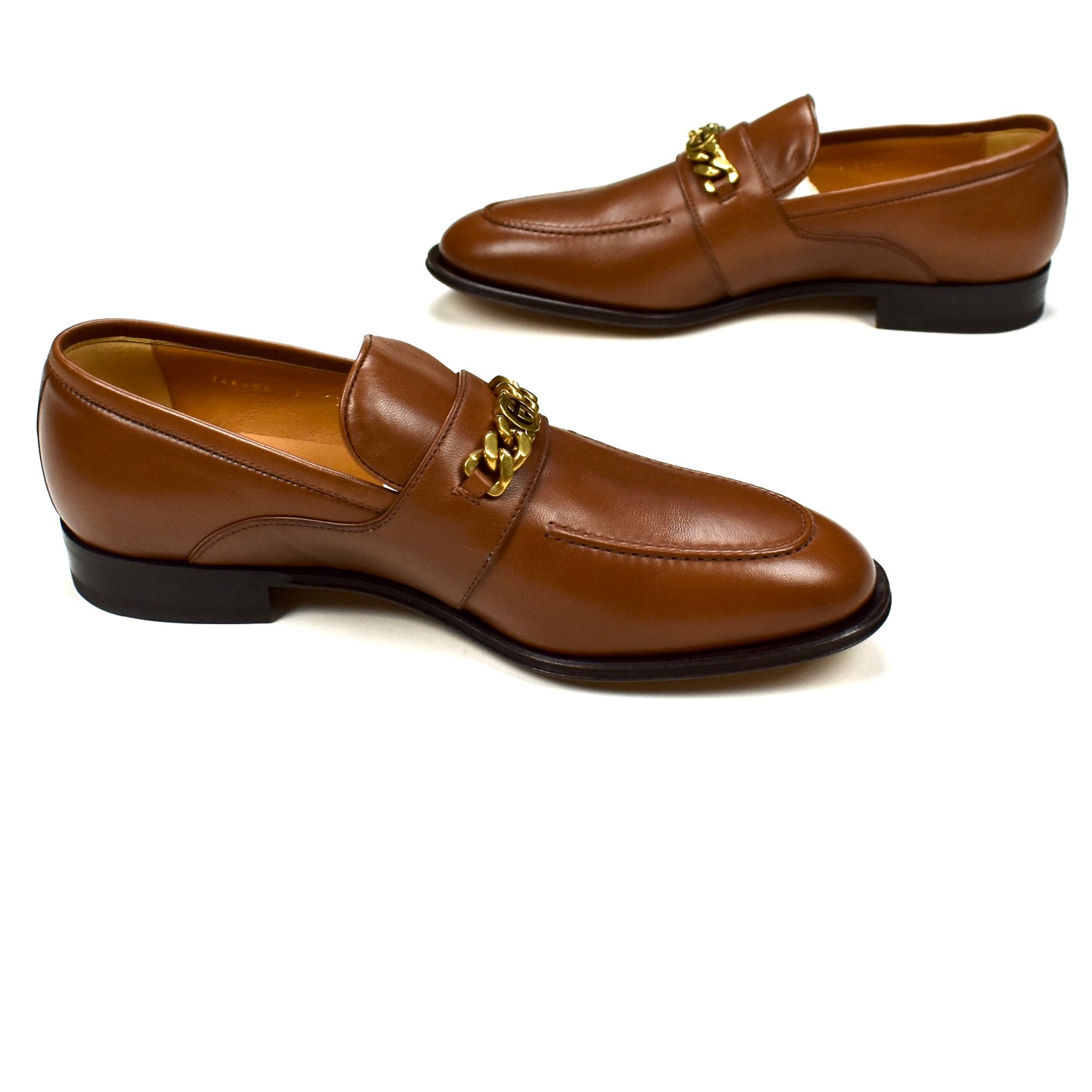 Gucci - Brown Leather GG Chain Logo Loafers