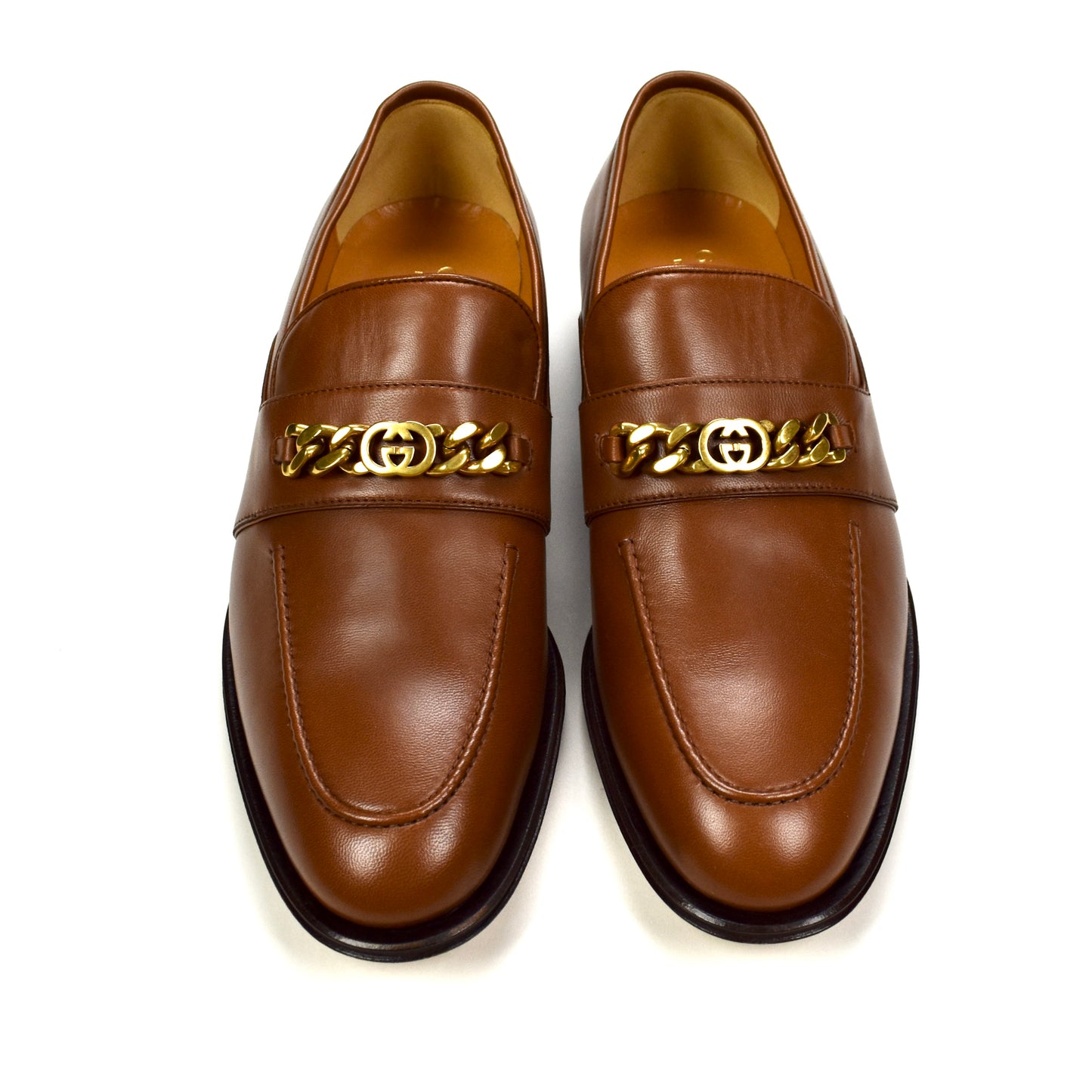 Gucci - Brown Leather GG Chain Logo Loafers