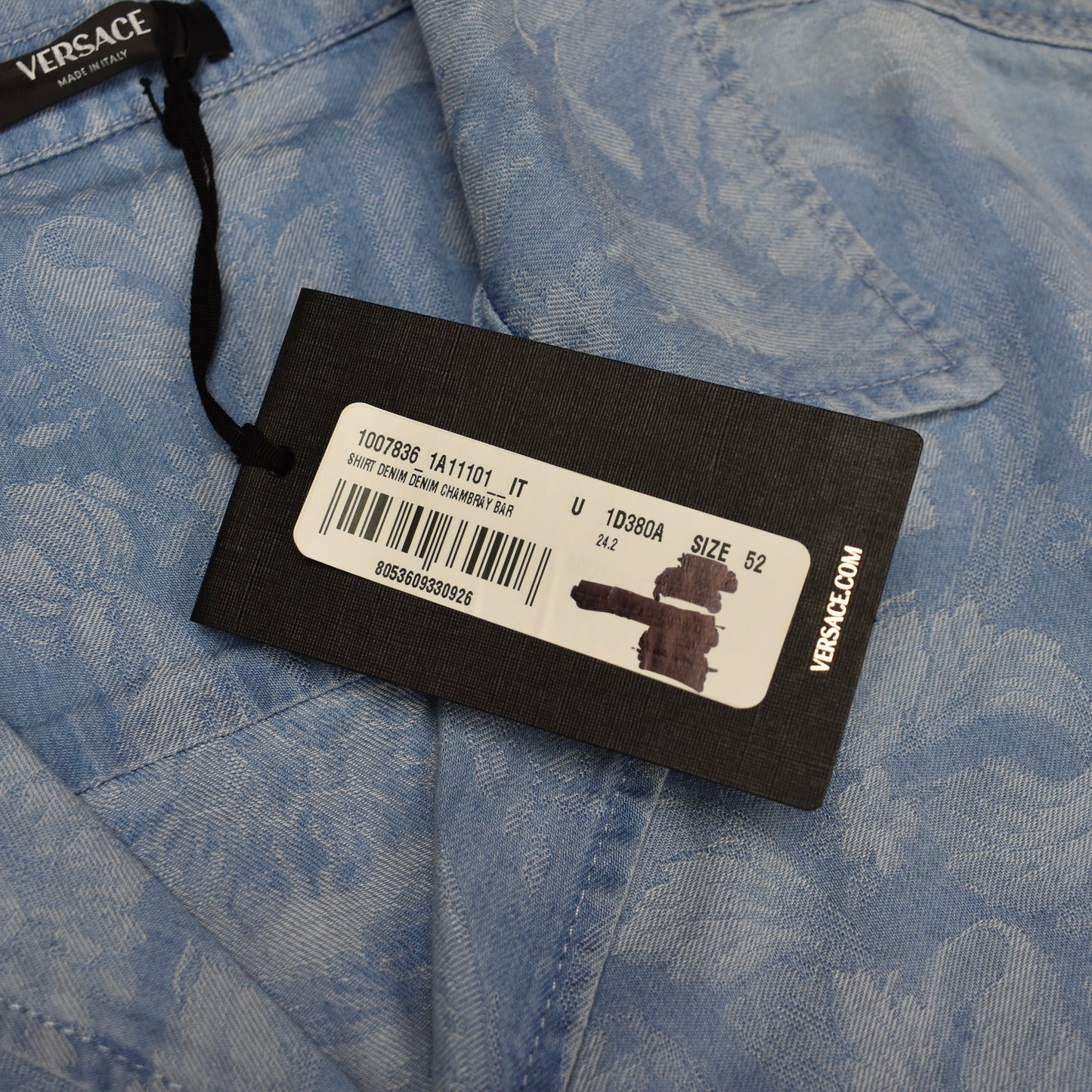 Versace - Denim Chambray Baroque Woven Snap Button Shirt