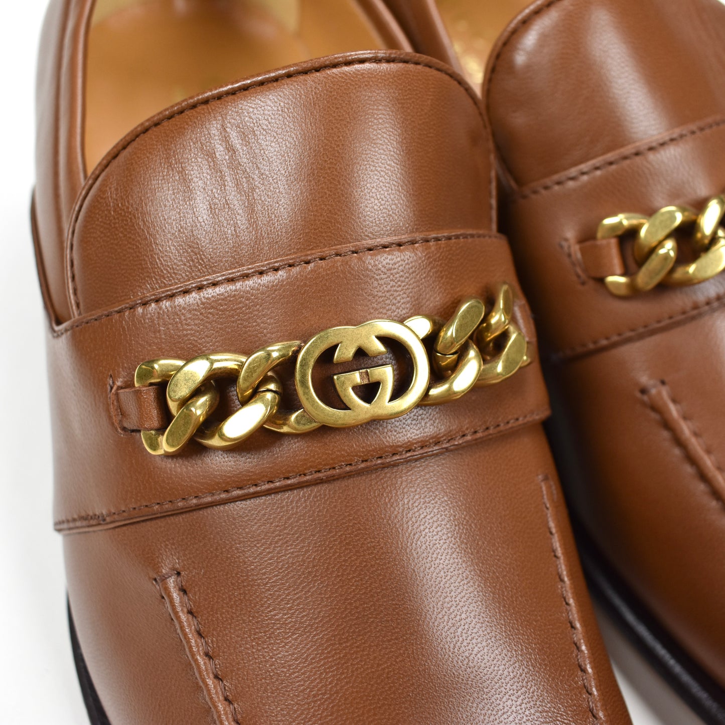 Gucci - Brown Leather GG Chain Logo Loafers