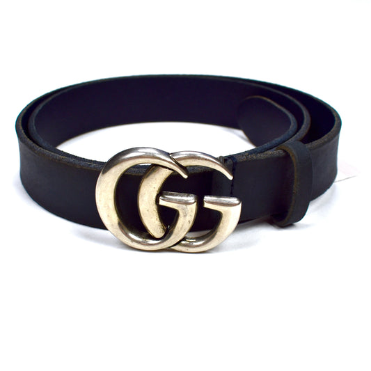 Gucci - Navy Distressed Leather GG Buckle Belt