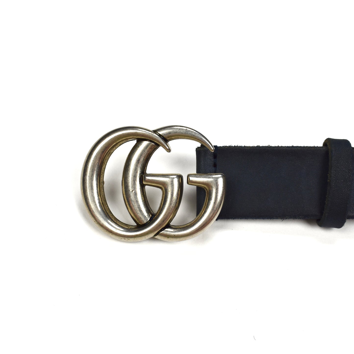 Gucci - Navy Distressed Leather GG Buckle Belt