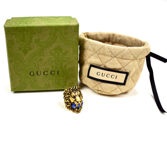 Gucci - Vintage Matte Gold Blue Crystal Lion Ring