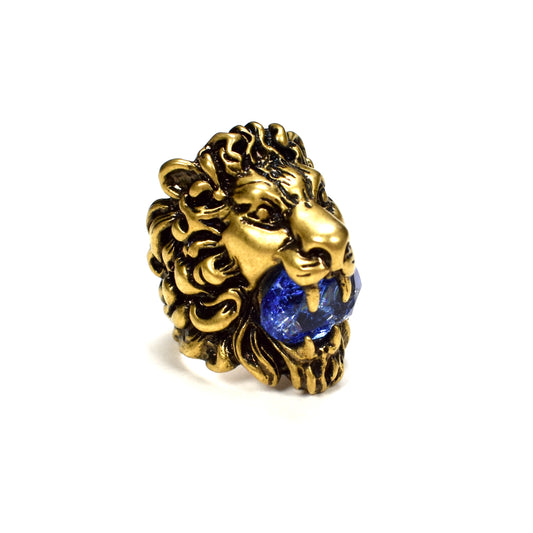 Gucci - Vintage Matte Gold Blue Crystal Lion Ring