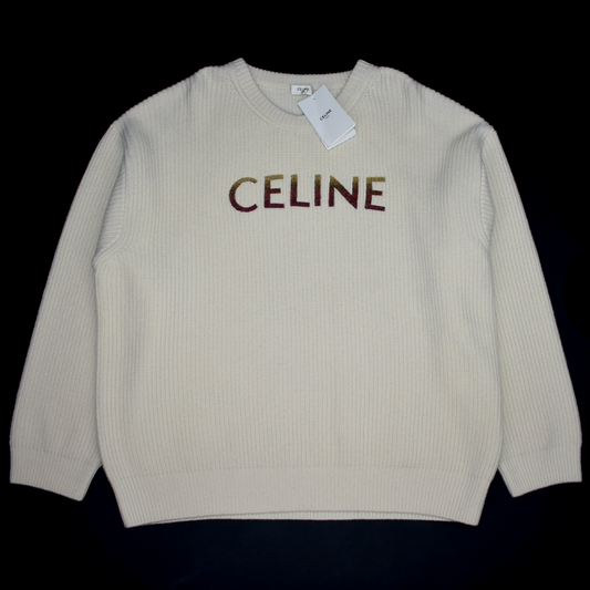 Celine - Cream Wool Sequin Logo Sweater