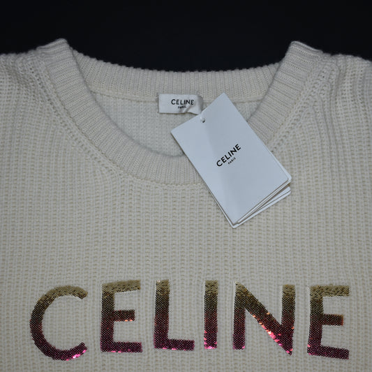 Celine - Cream Wool Sequin Logo Sweater