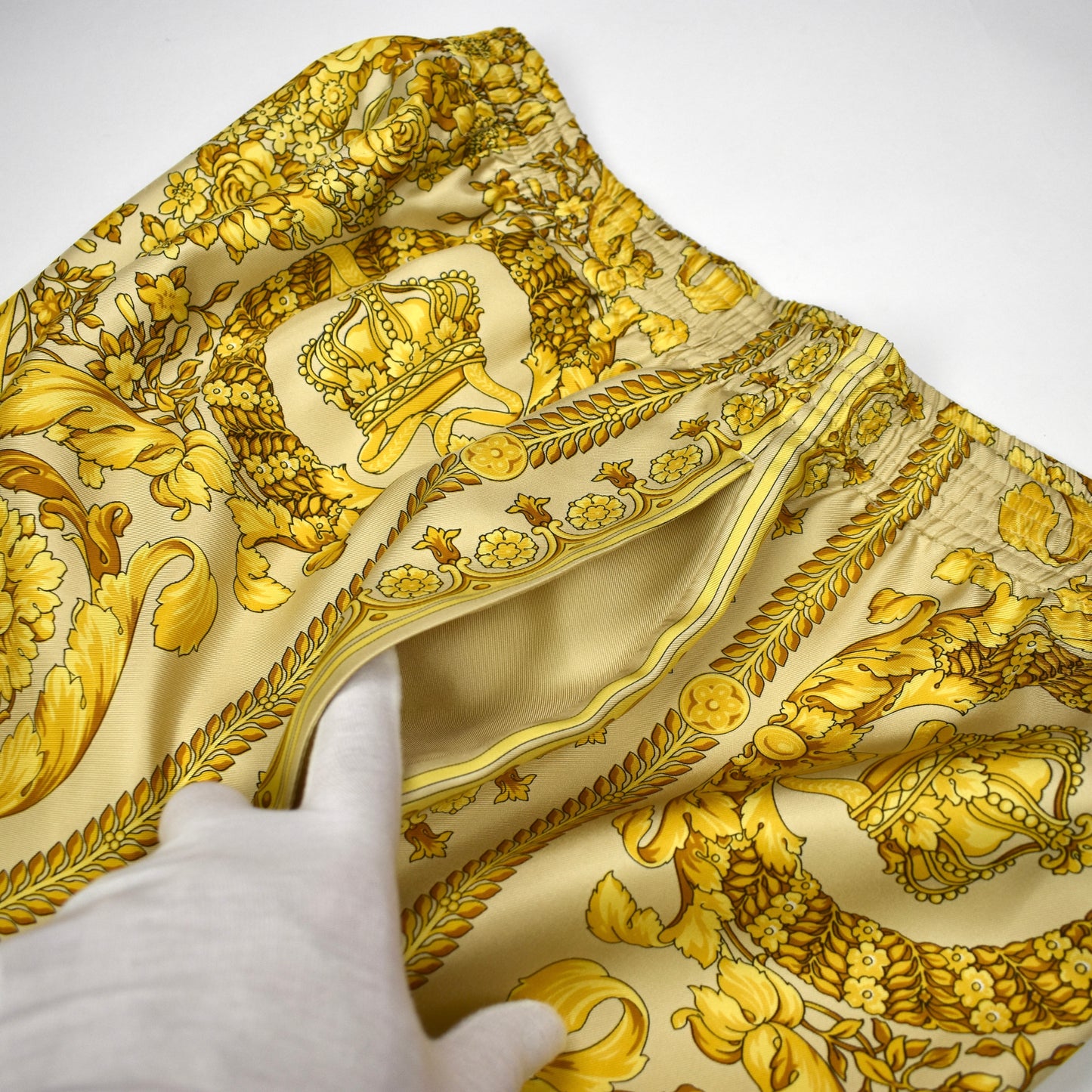 Versace - Champagne / Gold Barocco Print 100% Silk Shorts