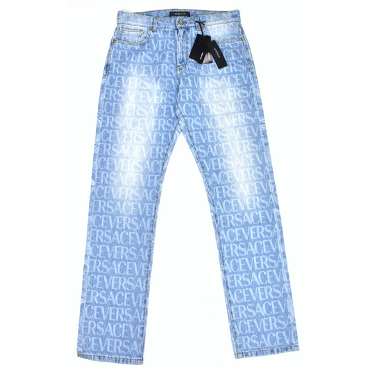 Versace - Allover Logo Print Light Wash Denim Jeans