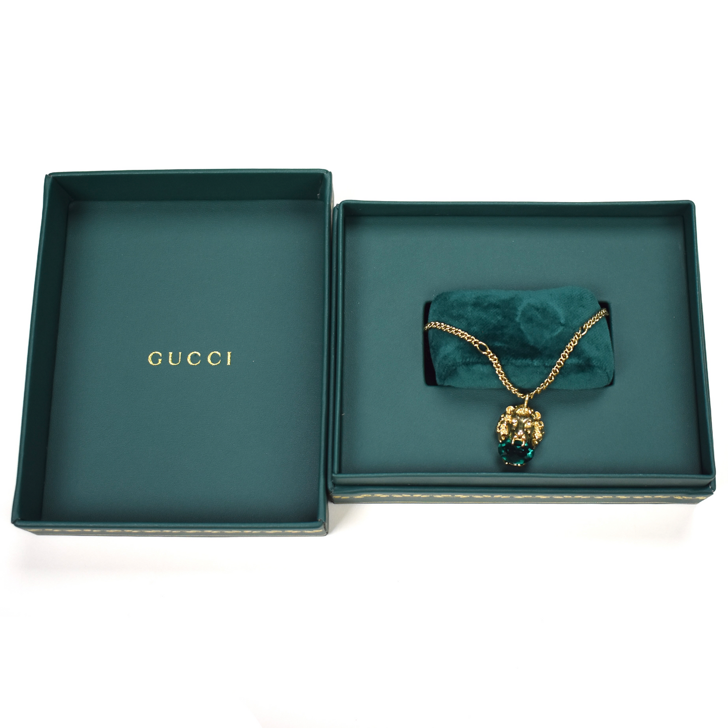 Gucci - Gold Lion Green Crystal Pendant Chain Necklace