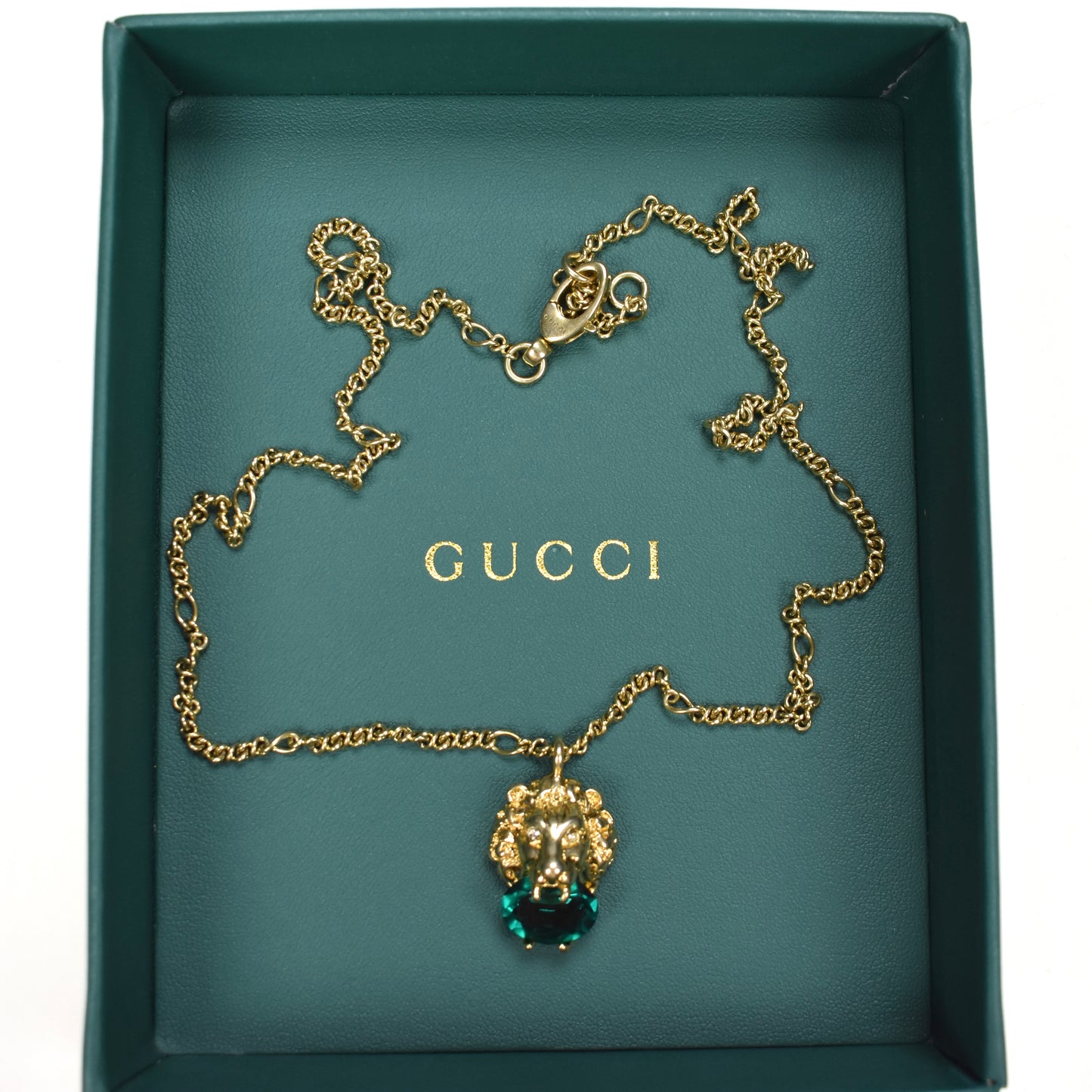 Gucci - Gold Lion Green Crystal Pendant Chain Necklace