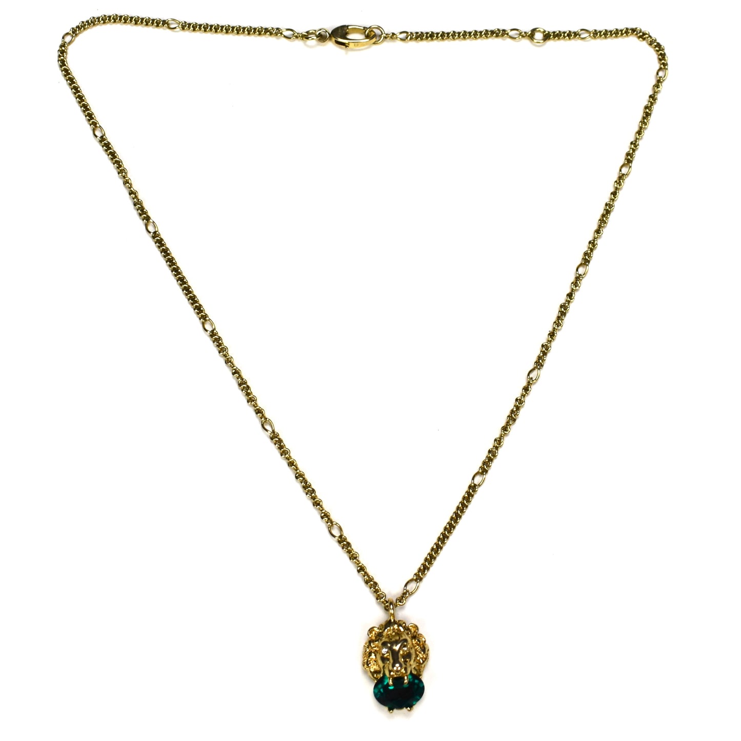 Gucci - Gold Lion Green Crystal Pendant Chain Necklace