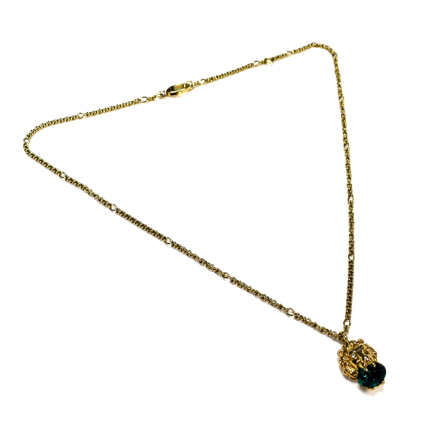 Gucci - Gold Lion Green Crystal Pendant Chain Necklace