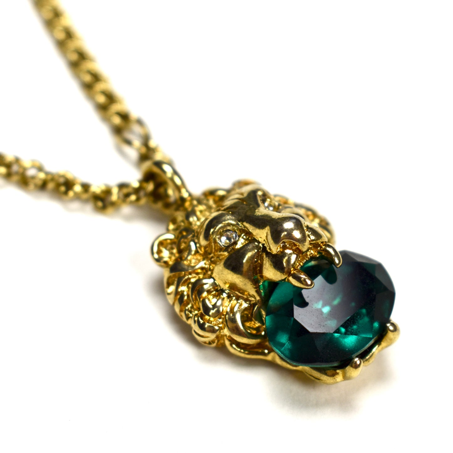 Gucci - Gold Lion Green Crystal Pendant Chain Necklace