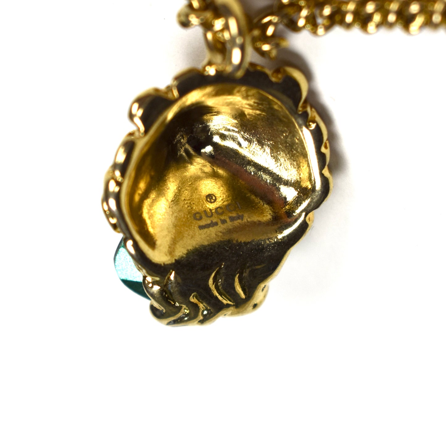 Gucci - Gold Lion Green Crystal Pendant Chain Necklace