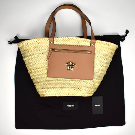 Versace - Straw / Leather Medusa Logo Tote Bag