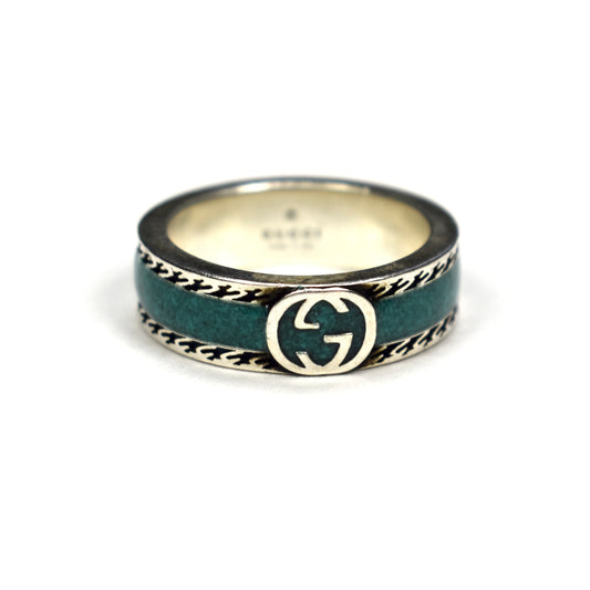 Gucci - .925 Silver Turquoise Enamel GG Logo Ring