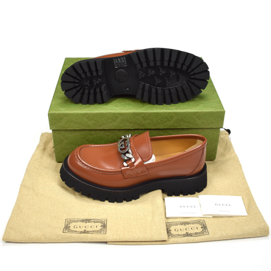 Gucci - Brown Leather GG Logo Chain Lug Sole Loafers