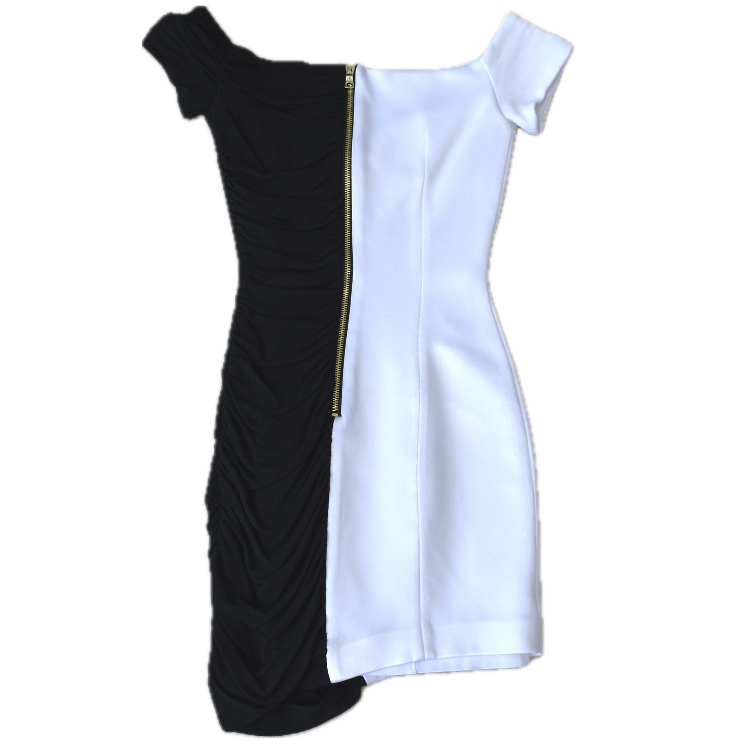 balmain white and black viscose off the shoulder dress BALMAIN WHITE and BLACK VISCOSE MINI DRESS 38 - 6 at 1stDibs