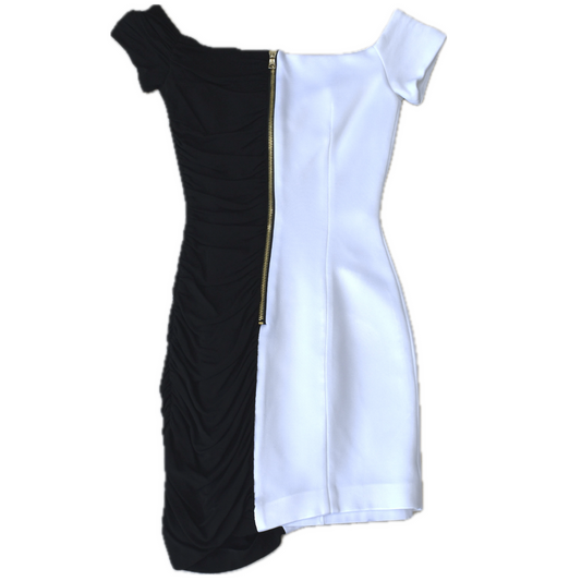 Balmain - Black & White Draped Off the Shoulder Dress