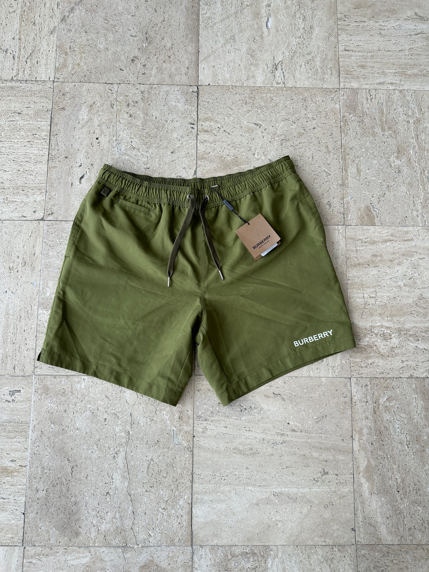 Burberry - Olive Logo Print Swim Shorts