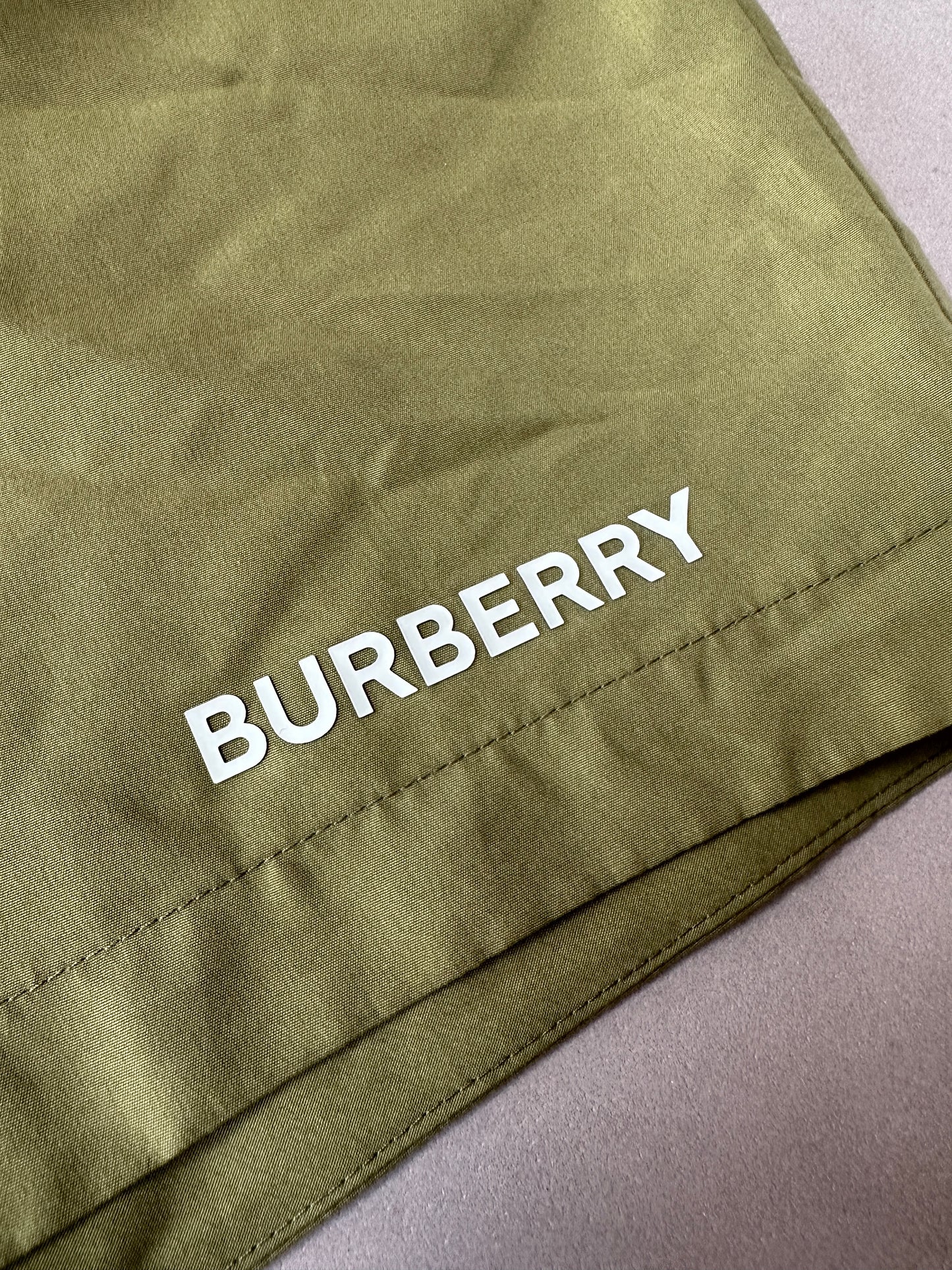 Burberry - Olive Logo Print Swim Shorts