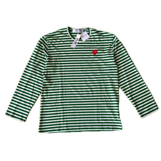 Comme des Garcons PLAY - Green Stripe Heart Logo LS T-Shirt
