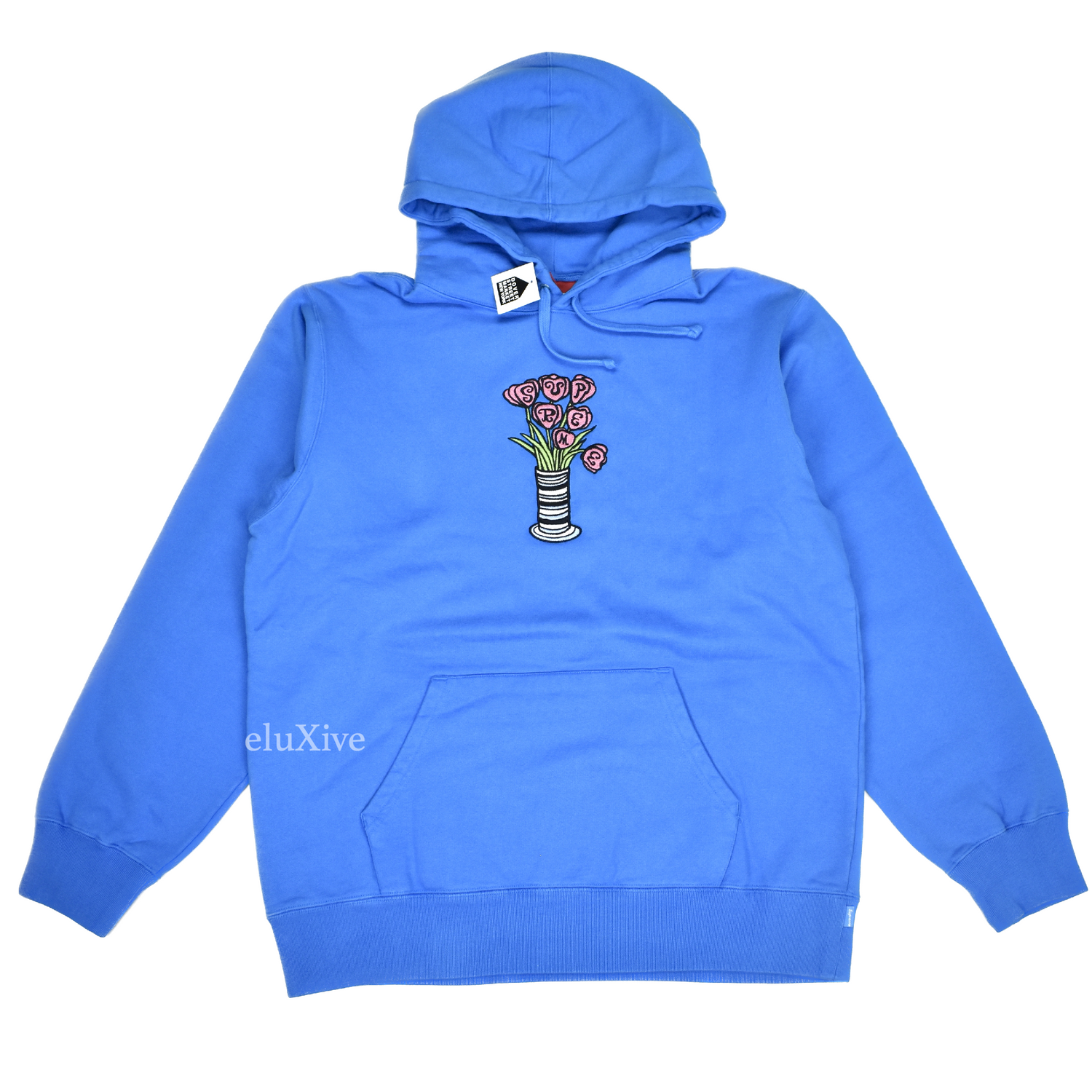 Supreme Bright Royal Blue Flowers Logo Hoodie FW18 eluXive