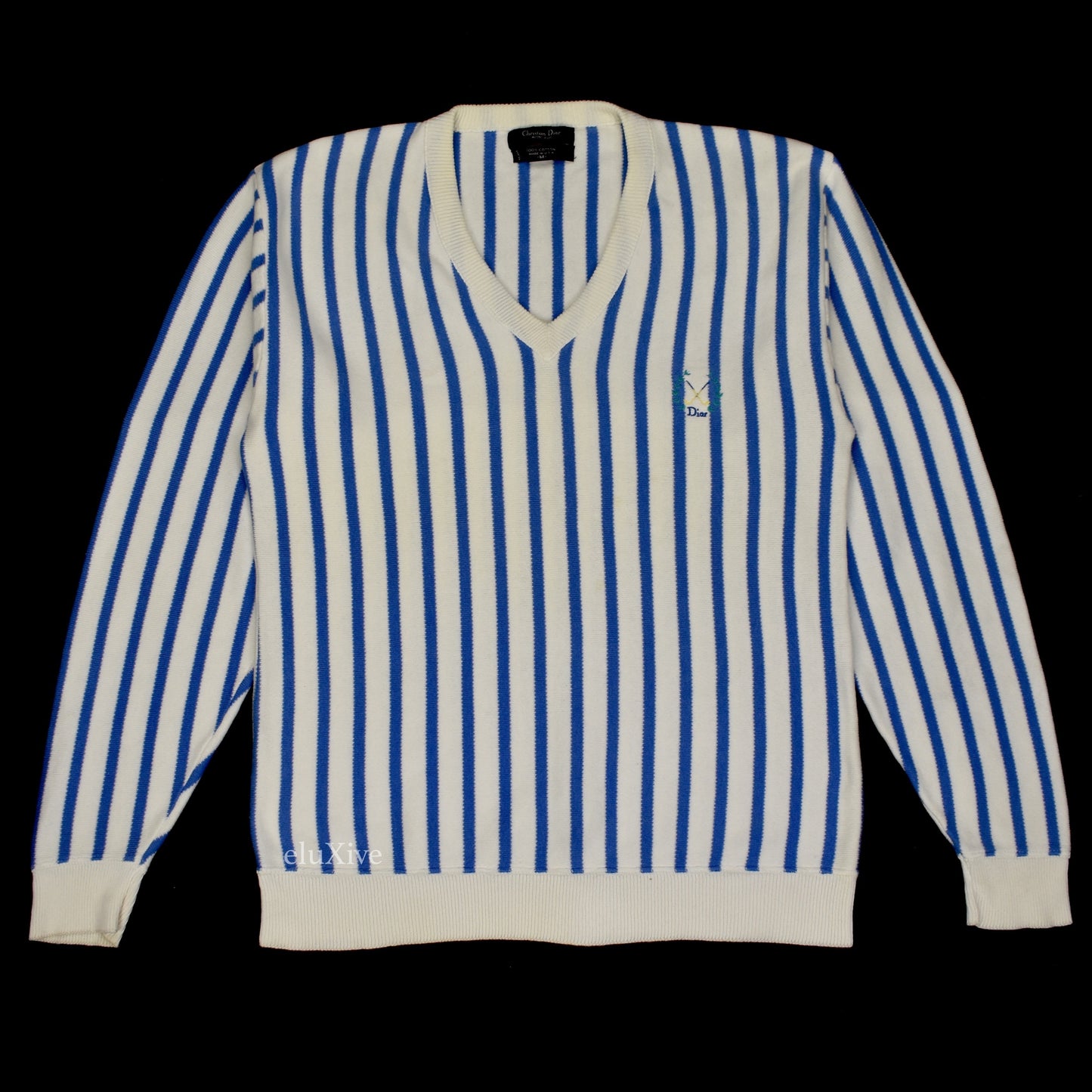 Dior - White & Blue Vertical Stripe Golf Logo Sweater