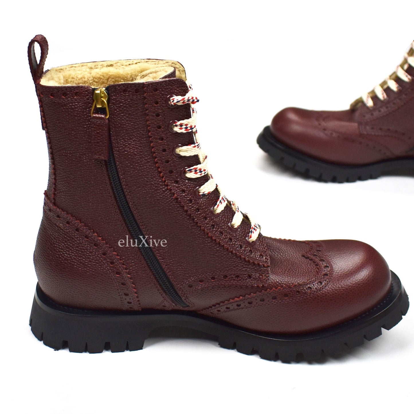 Gucci - Dark Red Pebbled Shearling Leather 'Arley' Hiking Boots