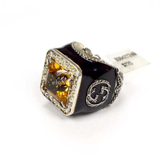 Gucci - Silver Interlocking G Logo Crystal Ring (Yellow)