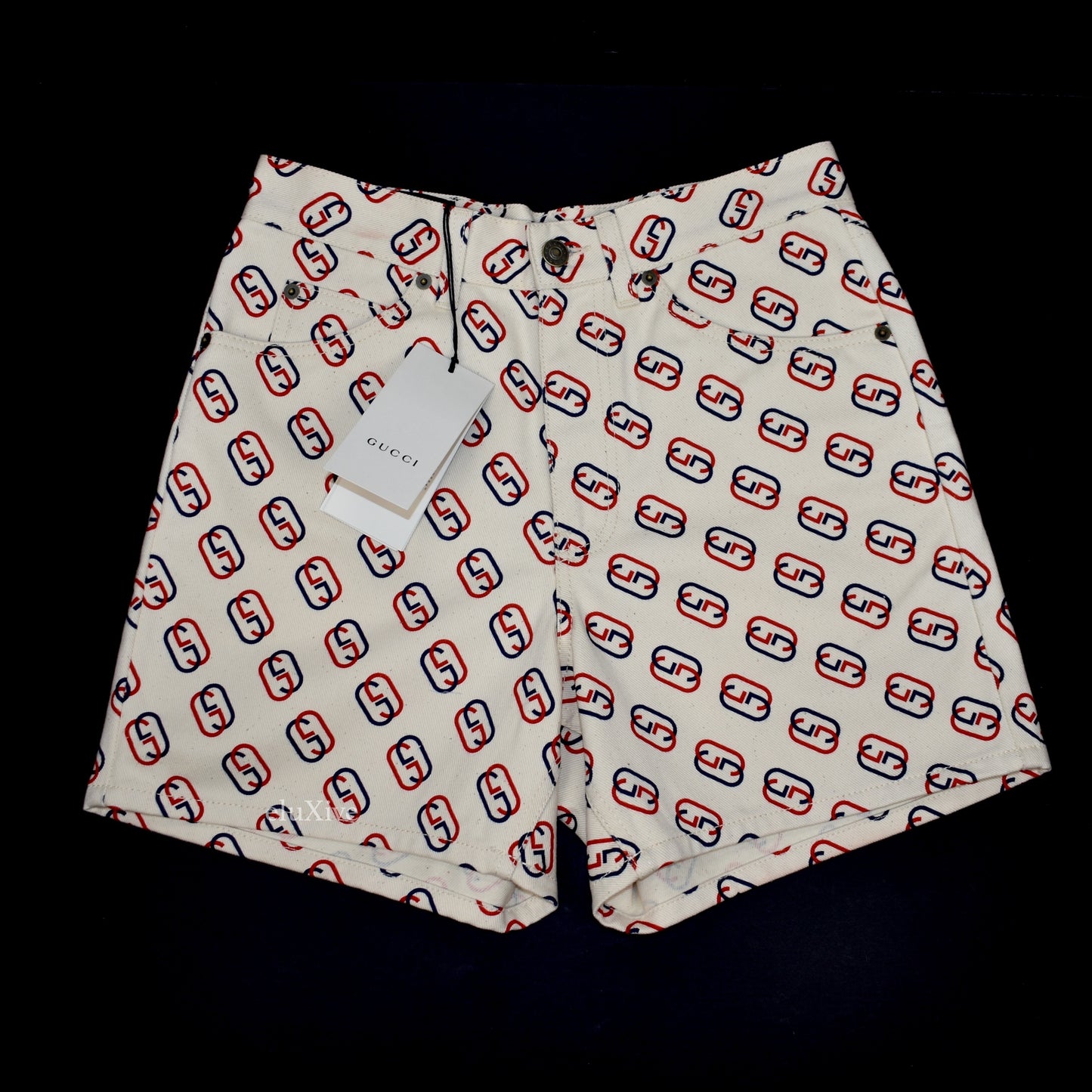 Gucci - Red/Blue GG Logo Print Twill Shorts (Ivory)
