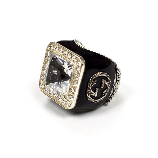 Gucci - Silver Interlocking G Logo Crystal Ring (Clear)