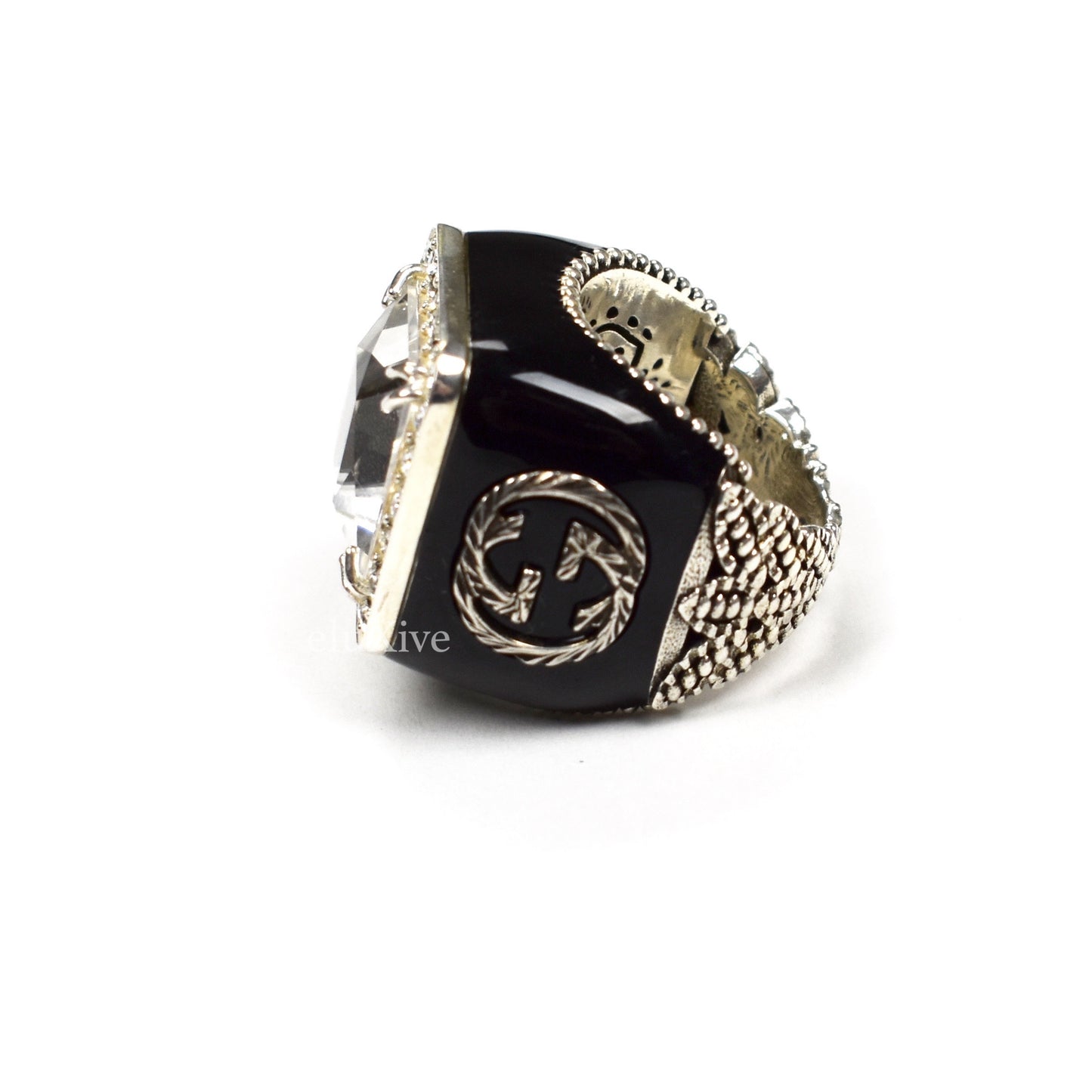 Gucci - Silver Interlocking G Logo Crystal Ring (Clear)