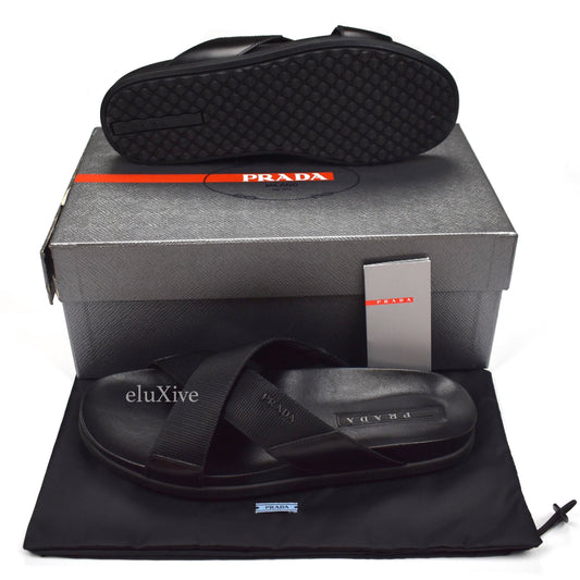 Prada - Black Leather Web Strap Sandals