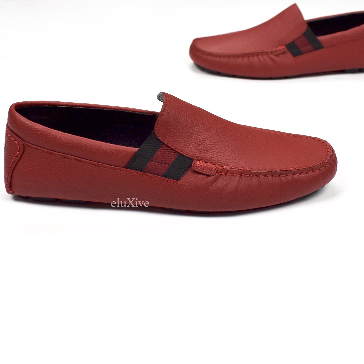 Gucci - Red Leather Web Logo Driving Loafers