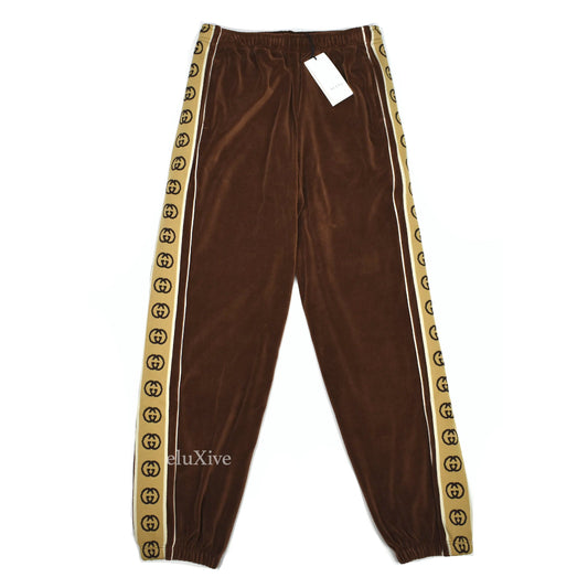 Gucci - Brown Velour Monogram Stripe Track Pants
