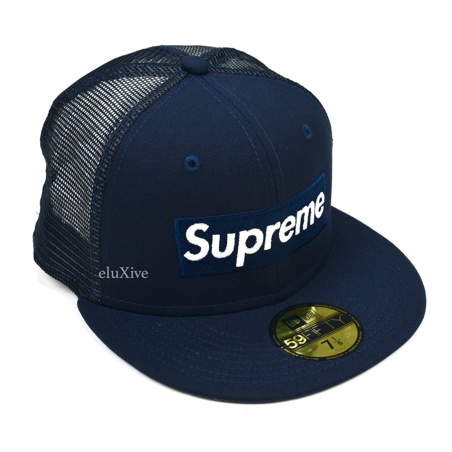 Supreme x New Era - SS23 Navy Box Logo Mesh Back Hat – eluXive