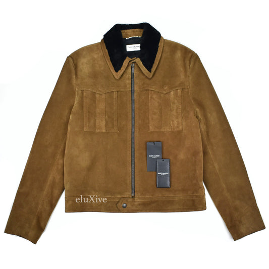 Saint Laurent - Brown Suede Shearling Collar Trucker Jacket