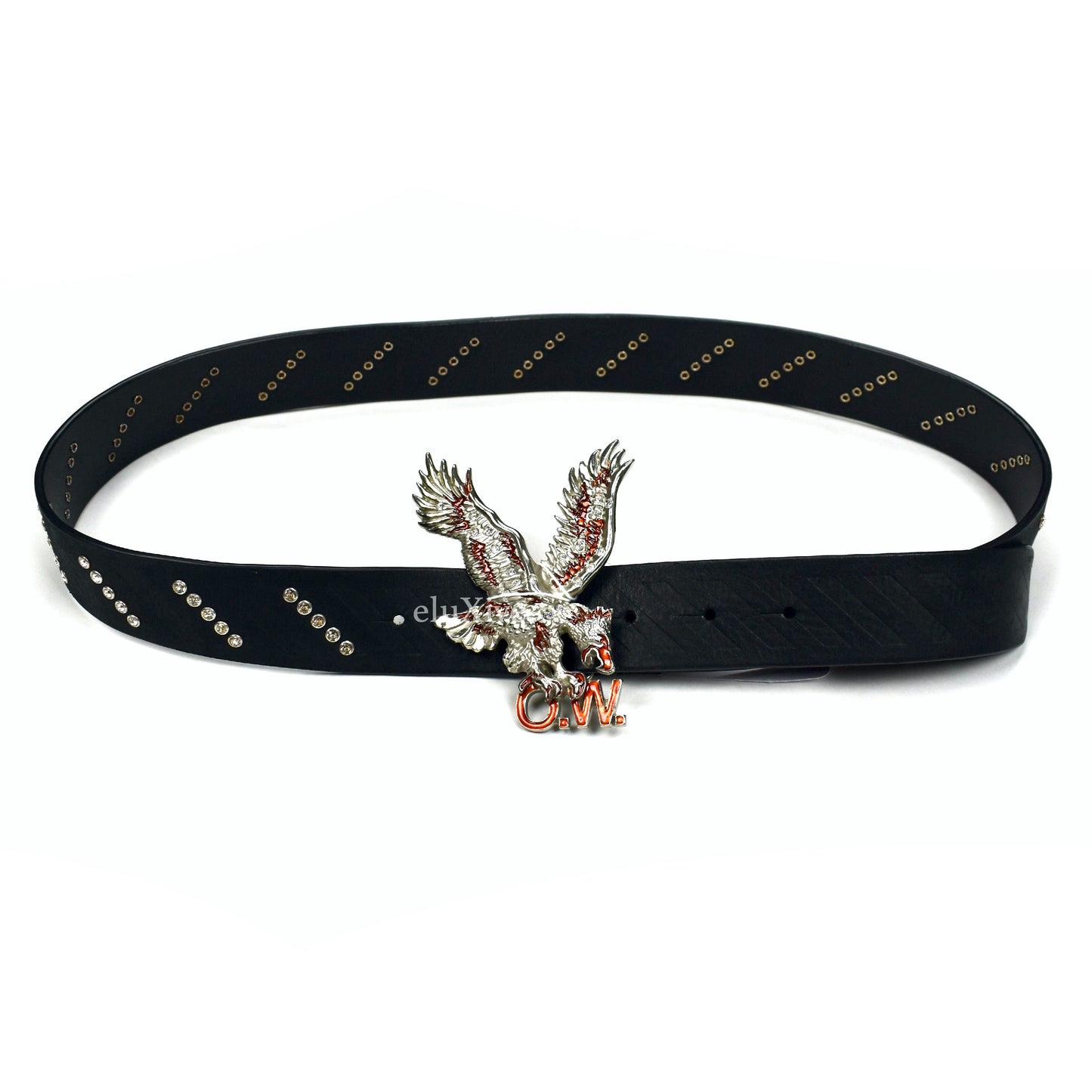 Off-White - Black Eagle Buckle Crystal Studded Leather Belt