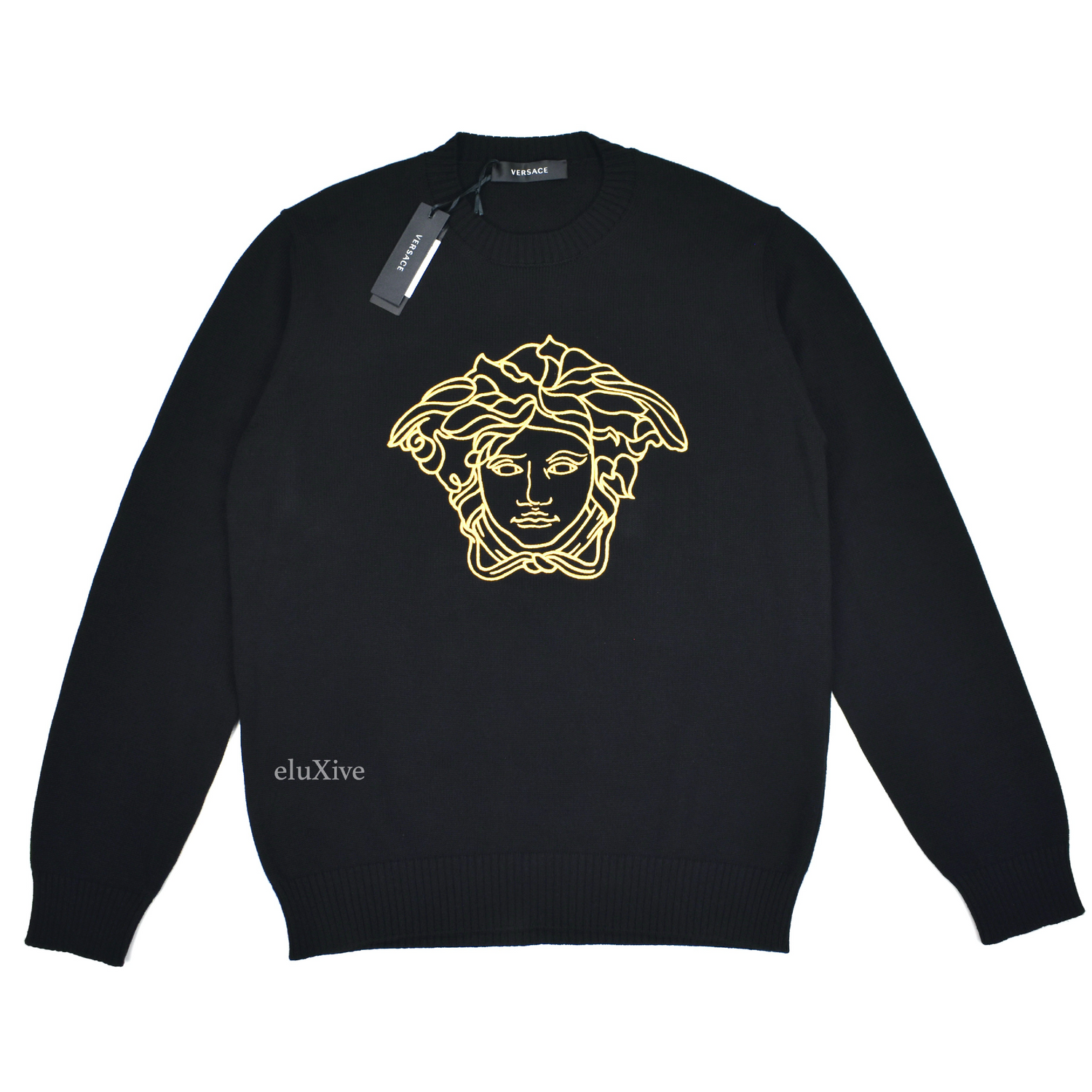 Versace - Gold Medusa Logo Embroidered Wool Sweater (Black) – eluXive Versace - Gold Medusa Logo Embroidered Wool Sweater (Black) – eluXive