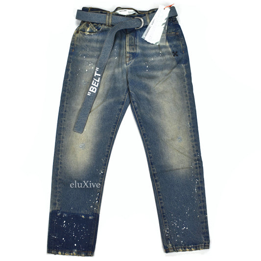 Off-White - Blue Distressed Paint Splatter Belted Denim Jeans