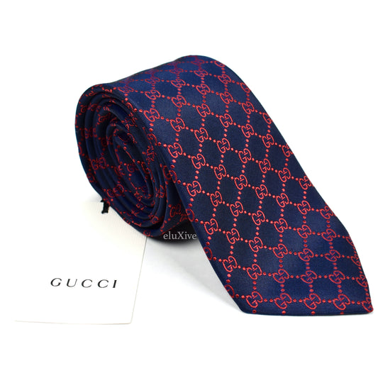 Gucci - Navy / Red GG Monogram Logo Silk Tie